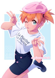  1girl :p ;p beret bike_shorts blue_eyes earrings french_text hat heart heart_earrings highres jewelry laura_jimenez misty_(pokemon) nerdinsandals one_eye_closed orange_hair pokemon pokemon_(anime) socks tongue tongue_out v white_socks 