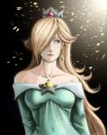  artist_request bare_shoulders blonde_hair breasts collarbone crown dress hair_over_one_eye highres jay_phenrix realistic rosalina super_mario_bros. 