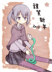  1girl 2013 amakaze_sora animal argyle_clothes argyle_pantyhose black_skirt blush boots brown_boots brown_capelet capelet chinese_zodiac closed_mouth commentary_request envelope flower_in_eye grey_hair grey_shirt lace-up_boots long_sleeves mouth_hold original pantyhose pleated_skirt purple_pantyhose shirt side_ponytail skirt smile snake solo symbol_in_eye translation_request violet_eyes year_of_the_snake 