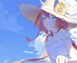  1girl animal_ears arm_strap auklet5580 bare_shoulders blue_sky blush breasts closed_eyes clouds day dress ear_covers ears_through_headwear flower hair_between_eyes hat hat_flower highres horse_ears horse_girl long_hair low_twintails open_mouth outdoors red_hair sky sleeveless sleeveless_dress small_breasts smile solo sun_hat sundress twintails umamusume white_dress win_variation_(umamusume) 