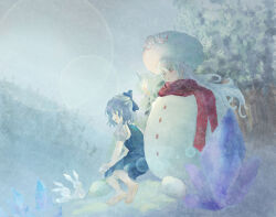  2girls barefoot blue_eyes blue_hair blue_ribbon cirno commentary hair_ribbon highres ice long_hair looking_at_animal multiple_girls original rabbit red_eyes red_scarf ribbon rumindo scarf short_hair short_sleeves snow snowman touhou tree white_hair 