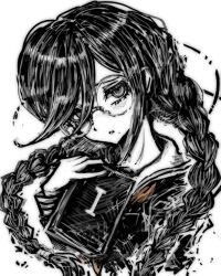  1girl black_background black_hair black_shirt braid collared_shirt danganronpa:_trigger_happy_havoc danganronpa_(series) danganronpa_3_(anime) danganronpa_another_episode:_ultra_despair_girls eyelashes fukawa_toko glasses hair_between_eyes highres mole mole_under_mouth neckerchief red_neckerchief round_eyewear sailor_collar shirt simple_background solo tsukihi_shida twin_braids twintails white_sailor_collar 