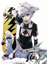 1boy absurdres arm_behind_head artist_name black_shirt blue_eyes blue_leg_warmers character_pin closed_mouth commentary_request food food_in_mouth full_body gon_freecss hat hat_ornament headphones headphones_around_neck heart heart_(organ) heart_necklace highres hunter_x_hunter jewelry killua_zoldyck leg_warmers lightning_bolt_symbol looking_at_viewer male_focus necklace pocky pocky_in_mouth print_shirt senju_yosiyuki shirt shoes short_hair short_sleeves shorts simple_background sitting skateboard solo t-shirt twitter_username white_background white_hair white_hat 