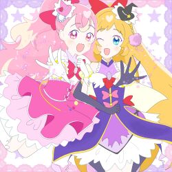  2girls ascot back_bow bare_shoulders beads black_gloves black_hat blonde_hair blue_eyes border bow bow_button bowtie bracelet brooch cape coattails colored_tips corset cosplay cowboy_shot cure_friendy cure_magical cure_magical_(cosplay) cure_miracle cure_miracle_(cosplay) cure_wonderful diamond_(gemstone) dot_nose dress elbow_gloves eyelashes foreshortening frilled_dress frilled_headwear frilled_skirt frills gloves gold_bracelet hair_beads hair_bow hair_ornament hand_on_own_chest happy hat hat_ornament heads_together heart heart_hat_ornament highres inukai_iroha inukai_komugi jewelry jumping kneehighs lace lace_border large_bow layered_dress light_blush locked_arms loose_hair_strand magical_girl mahou_girls_precure! mini_hat mini_witch_hat miniskirt multicolored_hair multiple_girls one_eye_closed open_mouth ornate_border outside_border outstretched_hand petticoat pink_border pink_bow pink_corset pink_eyes pink_hair pink_hat pink_skirt pleated_skirt pom_pom_(clothes) pom_pom_hair_ornament potofu_(myotge4n7v69034) precure puffy_short_sleeves puffy_sleeves purple_border purple_dress red_ascot red_bow red_bowtie shirt short_dress short_sleeves skirt sleeveless sleeveless_dress smile socks standing star_(symbol) star_symbol_background streaked_hair tailcoat tareme turtleneck turtleneck_dress two-tone_border two-tone_hair two_side_up white_background white_cape white_gloves white_shirt white_socks witch_hat wonderful_precure! 