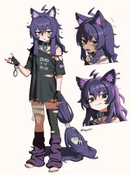  1girl :3 absurdres ahoge animal_ear_fluff animal_ears bandaged_leg bandages bell black_collar black_gloves black_shirt black_thighhighs cat_ears cat_girl chain chain_necklace closed_mouth collar commentary double-parted_bangs english_commentary fang fang_out fingerless_gloves fishnet_pantyhose fishnets flying_sweatdrops full_body gloves hair_between_eyes hand_up hepari highres indie_virtual_youtuber jewelry leg_warmers long_hair looking_at_viewer multiple_views nail_polish neck_bell necklace off_shoulder open_mouth pantyhose purple_hair purple_leg_warmers purple_nails raddles_(vtuber) shirt simple_background single_bare_shoulder single_leg_pantyhose single_thighhigh squeans standing thigh-highs toenail_polish toenails torn_clothes torn_shirt twitter_username violet_eyes virtual_youtuber white_background 