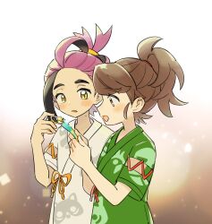  1boy 1girl black_hair blush brown_eyes brown_hair gradient_background hetero highres holding japanese_clothes juliana_(pokemon) kieran_(pokemon) mole mole_on_neck multicolored_hair nekoniko777 open_mouth pokemon pokemon_scarlet_and_violet ponytail purple_hair short_sleeves simple_background sparkle star_(symbol) upper_body yellow_eyes 