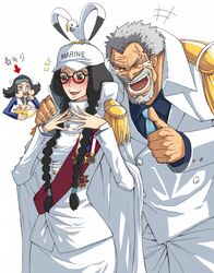  1boy 2girls aokiji black_hair blush eating fleet_admiral_sengoku food genderswap glasses kuzan_(aokiji) laughing medal monkey_d_garp one_piece scar seagull sengoku_(one_piece) syui tears thumbs_up uniform 