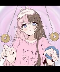  1girl @_@ absurdres blue_scrunchie brown_hair coin coin_on_string commentary_request highres hypnosis letterboxed long_hair looking_at_viewer mask mask_on_head mind_control multicolored_hair nail_polish nano_ozz pink_hair pink_nails scrunchie sleep_mask sleepwear solo tachibana_hinano tachibana_hinano_(5th_costume) two-tone_hair violet_eyes virtual_youtuber vspo! wrist_scrunchie 