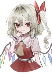  1girl aorin_oekaki ascot blonde_hair bow collared_shirt commentary_request crystal crystal_wings drill_hair flandre_scarlet frilled_shirt_collar frilled_wrist_cuffs frills hair_bow highres long_hair looking_at_viewer multicolored_wings one_side_up open_mouth pink_shirt puffy_short_sleeves puffy_sleeves red_bow red_eyes red_skirt red_vest red_wrist_cuffs shirt short_sleeves simple_background skirt skirt_set smile solo touhou vest white_background wings wrist_cuffs yellow_ascot 
