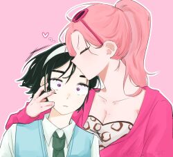  2girls alien_stage black_hair black_necktie blue_sweater_vest closed_eyes collared_shirt commentary_request crooow2525 eyewear_on_head hairband heart highres jacket kiss kissing_forehead long_hair mizi_(alien_stage) multiple_girls necktie official_alternate_costume pink-framed_eyewear pink_hair pink_jacket ponytail shirt short_hair sua_(alien_stage) sunglasses sweater_vest violet_eyes white_hairband white_shirt yuri 
