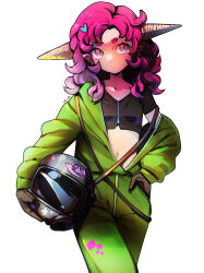  1girl absurdres black_gloves black_shirt closed_mouth collarbone commentary cowboy_shot crop_top eudetenis gloves green_jumpsuit hair_ornament hand_on_own_hip heart heart_hair_ornament helmet highres holding horns jumpsuit lethal_company looking_at_viewer medium_hair midriff motorcycle_helmet navel original pink_eyes pink_hair pointy_ears purple_hair shirt simple_background solo spacesuit standing unworn_headwear unworn_helmet white_background 
