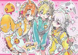  3boys :o apron blonde_hair blue_eyes blue_jacket blush bow chibi chibi_inset cowboy_shot crossdressing crossdressing_(mtf) embarrassed fang frilled_skirt frills grey_hair hair_between_eyes hair_bow hair_over_one_eye highres hirogaru_sky!_precure jacket jersey_maid jett_(human)_(precure) jett_(precure) long_sleeves looking_at_viewer maid maid_headdress male_focus meitantei_precure! multiple_boys nownnownn one_eye_covered orange_hair orange_jacket orange_skirt outline pink_background pink_bow precure purple_skirt red_eyes short_hair skirt sleeves_past_fingers sleeves_past_wrists toyama_daifuku toyama_daifuku_(civilian) toyama_daifuku_(rabbit) track_jacket trap unconventional_maid v white_apron white_outline wonderful_precure! yellow_jacket yuunagi_tsubasa yuunagi_tsubasa_(bird) 