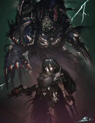  1boy 1girl absurdres adeptus_astartes armor black_hair breasts chaos_(warhammer) chaos_space_marine claws commentary_request gun handgun highres holding holding_gun holding_weapon large_breasts lightning lightning_claw long_hair night_lords power_armor tagme warhammer_40k weapon wil_ly0909 