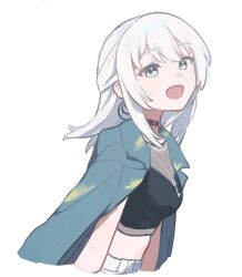  1girl bang_dream! bang_dream!_our_notes black_choker blue_jacket choker commentary crop_top half_updo highres jacket jacket_on_shoulders jewelry long_hair looking_at_viewer mahashi_miku midriff necklace nekohige0123 simple_background solo untranslatable_commentary white_background white_hair 