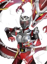  1boy absurdres advent_deck bodysuit commentary dragon dragreder dragvisor glass highres kamen_rider kamen_rider_ryuki kamen_rider_ryuki_(series) looking_at_viewer red_bodysuit rider_belt shakana_(shakana531) simple_background tokusatsu v_buckle white_background 