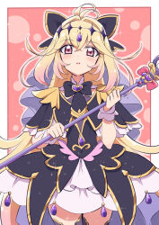  1girl antenna_hair black_bow black_capelet black_dress blonde_hair blush bow brooch capelet card cbgb cure_arcana_shadow diamond_hairband dress frilled_capelet frilled_cuffs frills gradient_hair hair_intakes heart heart_brooch holding holding_staff jewelry long_hair looking_at_viewer magical_girl meitantei_precure! moria_luluka multicolored_hair open_mouth precure purple_veil purple_wrist_cuffs solo staff tarot tarot_card tear_arcana_rod veil very_long_hair violet_eyes wrist_cuffs 