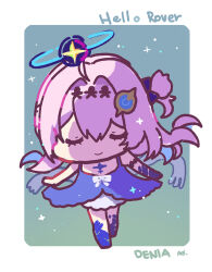  1girl apple_caramel border character_name chibi chibi_only closed_eyes closed_mouth colored_extremities commentary curtsey denia_(breakdown)_(wuthering_waves) denia_(wuthering_waves) dress english_commentary hair_ornament long_hair pink_hair purple_dress smile solo tacet_mark_(wuthering_waves) white_border wuthering_waves 