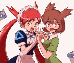  2girls :d apron bianca_(pokemon) black_dress blue_ribbon blush breasts bright_pupils brown_eyes brown_hair collared_shirt commentary_request dress eyelashes green_shirt hair_between_eyes holding_hands in-franchise_crossover interlocked_fingers kurachi_mizuki latias latias_(human)_(pokemon_adventures) latios long_hair looking_at_viewer maid maid_headdress multiple_girls neck_ribbon open_mouth personification pokemon pokemon_(anime) pokemon_(classic_anime) pokemon_(creature) pokemon_adventures pokemon_heroes:_latios_&amp;_latias puffy_short_sleeves puffy_sleeves red_eyes red_hair ribbon shirt short_hair short_sleeves simple_background smile twintails very_long_hair white_apron white_background white_headdress white_pupils yellow_eyes 