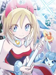  1girl blonde_hair blue_eyes celestica_flute collarbone commentary_request espeon eyelashes flareon glaceon hairband holding irida_(pokemon) jewelry looking_at_viewer neck_ring pokemon pokemon_(creature) pokemon_legends:_arceus red_hairband runachikku shirt strapless strapless_shirt twitter_username 