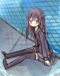  1girl :t amakaze_sora black_sailor_collar black_serafuku black_shirt black_skirt black_thighhighs blue_sky blush brown_hair chain-link_fence closed_mouth clouds day fence full_body grey_eyes long_hair neckerchief no_shoes original outdoors pleated_skirt pout red_neckerchief sailor_collar school_uniform serafuku shirt sitting skirt sky solo thigh-highs 