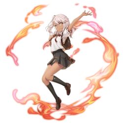  1girl artist_request backpack bag black_skirt black_socks brown_shoes chloe_von_einzbern closed_mouth dark-skinned_female dark_skin fate/kaleid_liner_prisma_illya fate_(series) fire full_body game_asset grand_summoners grey_hair loafers long_hair looking_at_viewer official_art orange_eyes pleated_skirt school_uniform shirt shoes side_ponytail simple_background skirt smile socks solo third-party_source transparent_background white_shirt 