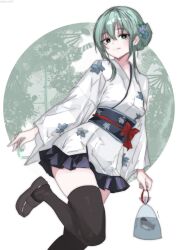  1girl abyssal_ship bag commentary_request green_eyes green_hair hair_between_eyes hair_ornament highres japanese_clothes kantai_collection kimono loafers long_sleeves looking_at_viewer miron_(mirona33) obi plastic_bag pleated_skirt sash shoes skirt smile suzuya_(kancolle) thigh-highs white_background 