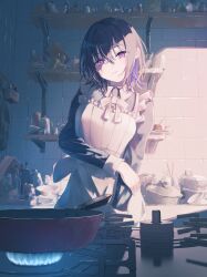  1girl absurdres apron black_hair black_shirt blue_streaks closed_mouth collared_shirt commentary crossed_arms dishes frilled_apron frills frying_pan hair_between_eyes hamugasumi hand_on_own_arm highres ichinose_uruha indoors kitchen long_sleeves medium_hair multicolored_hair neck_ribbon ribbon shirt solo stove streaked_hair tile_wall tiles untranslatable_commentary violet_eyes virtual_youtuber vspo! white_apron white_background 