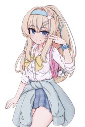  1girl absurdres bag blonde_hair blue_eyes blue_hairband blush bow bowtie clothes_around_waist girls'_frontline_2:_exilium girls_frontline hair_ornament hairband highres jacket jacket_around_waist long_hair looking_at_viewer miniskirt risu_(risu028) school_bag school_uniform scrunchie shirt skirt smile solo suomi_(girls'_frontline) suomi_(girls'_frontline_2) v white_background white_shirt wrist_scrunchie 