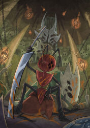  1girl 6+others aizawa_sachi antennae arena arm_on_knee armor arthropod_girl arthropod_limbs black_skin blood blood_on_armor blood_on_back blood_on_face blood_on_ground blood_on_mask blood_on_weapon blood_splatter brown_helmet chain chair colored_blood colored_skin colosseum_of_fools_(hollow_knight) commentary_request corpse creature extra_eyes facing_viewer god_tamer_(hollow_knight) green_skin helmet holding holding_sword holding_weapon hollow_eyes hollow_knight horned_mask indoors lantern looking_at_another mask multiple_others orange_blood planted planted_sword red_armor red_helmet red_mask shielded_fool_(hollow_knight) shoulder_armor sitting sitting_on_person sword weapon white_mask yellow_skin 