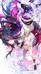  arm_belt black_claws black_hair commentary_request dragon_girl dragon_horns dragon_tail finger_claws glove_nails highres horns long_hair long_horns multicolored_hair multicolored_horns neverness_to_everness pink_streaks purple_claws purple_horns red_eyes red_shorts shinku_(nte) shirt shorts streaked_hair tail tail_belt thick_tail thigh-highs two-tone_horns water white_background white_shirt white_thighhighs yaoshi_jun 