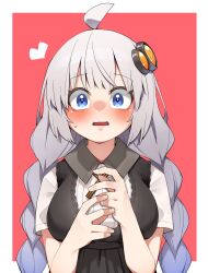  1girl absurdres ahoge black_dress blush braid breasts commentary_request cross_tie datemegane dress grey_hair hair_ornament hands_up heart highres kizuna_akari long_hair medium_breasts open_mouth shirt short_sleeves solo straight-on sweatdrop twin_braids upper_body voiceroid white_shirt 