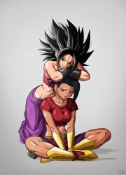  2girls abs black_hair boots caulifla crop_top crossed_legs dragon_ball dragon_ball_super earrings grey_background highres jewelry kale_(dragon_ball) long_hair looking_at_viewer midriff multiple_girls muscular navel pants roub3d shadow shorts signature simple_background sitting spiky_hair strapless toned toned_female tube_top wristband 