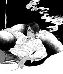  1boy black_background buttons closed_mouth collared_shirt commentary_request golden_kamuy greyscale highres koito_otonoshin long_sleeves looking_at_viewer male_focus monochrome pants reclining shirt short_hair sitting smoke solo tsuruko_turuta 