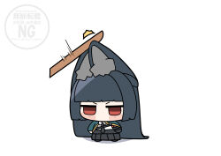  1girl absurdres animal_ear_fluff animal_ears aqua_jacket black_hair black_necktie black_skirt chibi commentary_request fox_ears fox_girl full_body highres hoshimi_miyabi jacket long_hair necktie red_eyes shinonome_nashi shirt skirt solo white_background white_shirt zenless_zone_zero 