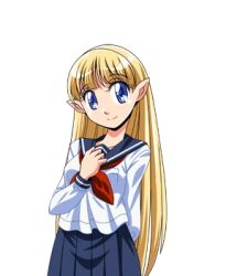  1girl blonde_hair blue_eyes blue_skirt breasts closed_mouth cowboy_shot elf eye_of_the_twinkle_star_(manjuverunu) game_asset hand_on_own_chest large_variant_set long_hair long_sleeves looking_at_viewer lowres manjuverunu_no_sen_otome medium_breasts neckerchief non-web_source official_art pleated_skirt pointy_ears red_neckerchief school_uniform self-datamine serafuku simple_background siubomanjyu skirt smile solo standing tachi-e transparent_background variant_set very_long_hair 