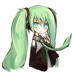  1girl :o amakaze_sora black_sleeves blue_eyes blush collared_shirt cropped_torso detached_sleeves fang green_hair green_necktie grey_shirt hair_between_eyes hands_up hatsune_miku long_hair long_sleeves looking_at_viewer lowres necktie parted_lips shirt simple_background sleeveless sleeveless_shirt sleeves_past_wrists solo twintails upper_body very_long_hair vocaloid white_background wide_sleeves 
