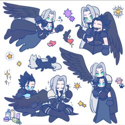  105zz 2boys animal animalization armor arms_up black_coat black_feathers black_gloves black_hair black_wings blue_eyes cat coat commentary_request crisis_core:_final_fantasy_vii cross_scar feathered_wings feathers final_fantasy final_fantasy_vii flying full_body gloves green_eyes grey_hair heart holding holding_brush holding_feather indian_style long_hair male_focus multiple_boys multiple_views open_mouth parted_bangs scar scar_on_cheek scar_on_face sephiroth short_hair shoulder_armor simple_background single_wing sitting sparkle star_(symbol) white_background wings zack_fair 