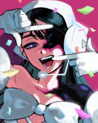  1girl absurdres alien_stage bandana bare_shoulders black_hair bow chest_bow commentary confetti dress english_commentary finger_frame gloves heart heart-shaped_pupils highres long_hair open_mouth pink_background portrait smile solo strapless strapless_dress sua_(alien_stage) sua_(zombie_stage) symbol-shaped_pupils violet_eyes white_bandana white_bow white_gloves xestria zombie_stage 