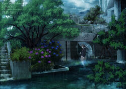  1girl abandoned amamiya_kotetsu black_hair black_jacket blazer blue_flower brown_skirt bush commentary_request fern flower from_side ghost highres holding holding_umbrella hydrangea jacket miniskirt original overcast overgrown pleated_skirt post-apocalypse profile purple_flower rain ripples ruins scenery school_uniform short_hair skirt sky solo stairs standing too_many_watermarks transparent transparent_umbrella tree umbrella urban very_short_hair watermark wide_shot 