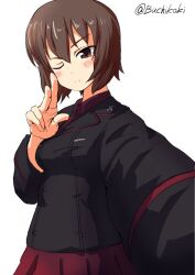  1girl ;) black_jacket blush breasts brown_eyes brown_hair buchikaki commentary_request cross girls_und_panzer highres iron_cross jacket kuromorimine_military_uniform large_breasts looking_at_viewer military military_jacket military_uniform nishizumi_maho one-hour_drawing_challenge one_eye_closed red_shirt selfie shirt short_hair smile solo twitter_username upper_body 