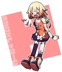  1girl arm_tattoo asymmetrical_legwear bandeau blonde_hair blush boots cevio choker clenched_hands colored_tips commentary_request datemegane detached_sleeves dress full_body hair_flaps heart highres leg_tattoo multicolored_hair one_(cevio) open_mouth orange_dress orange_hair shout_lines shouting sidelocks single_detached_sleeve single_sock single_thighhigh sleeveless sleeveless_dress socks solo strap_slip tattoo thigh-highs uneven_legwear v-shaped_eyebrows zipper_pull_tab 