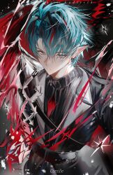  1boy absurdres arknights arknights:_endfield belt blue_eyes blue_hair camille_(arknights) character_name from_above gloves highres long_sleeves looking_at_viewer male_focus oka_(prozetxxxxx) parted_lips pointy_ears solo teeth turtleneck vampire wings 