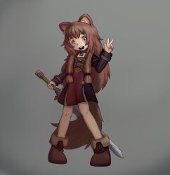  1girl :d animal_ear_fluff ankle_boots black_dress blunt_sidelocks boots brown_boots brown_dress brown_hair child collar commentary dress english_commentary full_body grey_background hand_up highres holding holding_sword holding_weapon kiln_firelink long_hair long_sidelocks long_sleeves looking_at_viewer messy_hair metal_collar metal_wrist_cuffs open_mouth pink_hair pinstripe_dress pinstripe_pattern raphtalia raphtalia_(young) red_dress short_dress short_sleeves sidelocks simple_background smile solo standing sword tate_no_yuusha_no_nariagari teeth two-tone_dress upper_teeth_only w weapon yellow_trim 