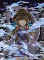  1girl alternate_hair_length_(longer) animal_print blonde_hair blunt_bangs commentary_request fog frog_print kabaji long_hair long_sleeves looking_at_viewer mishaguji moriya_suwako oil_painting_(medium) orange_eyes painting_(medium) rock snake solo straight-on touhou traditional_media wide_sleeves 
