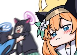  3girls :3 animal_ear_headwear animal_ears black_hair black_jacket blue_archive blue_eyes blue_halo blush cat_ears cat_girl commentary fighting halo highres jacket kazusa_(blue_archive) kikyou_(blue_archive) linear_71 long_hair looking_at_viewer mari_(blue_archive) motion_blur multiple_girls orange_hair pink_halo short_hair smile untranslatable_commentary white_background yellow_halo 