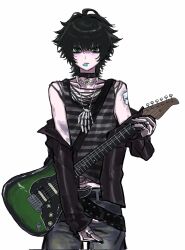  1boy ahoge alternate_costume bandaged_arm bandages belt black_belt black_collar black_hair black_jacket black_nails bruise bruise_on_arm chain chain_necklace chongfeng235 collar collarbone cowboy_shot crop_top degrees_of_lewdity denim electric_guitar fingernails guitar guitar_strap highres holding holding_guitar holding_instrument injury instrument jacket jacket_partially_removed jeans jewelry kylar_(degrees_of_lewdity) kylar_(male)_(degrees_of_lewdity) leather leather_jacket light_blush long_sleeves looking_at_viewer lower_eyelashes_only male_focus midriff mouth_hold necklace open_clothes open_jacket pale_skin pants pendant_collar plectrum plectrum_in_mouth shade short_hair simple_background skeletal_hand solo standing straight-on striped_clothes white_background 