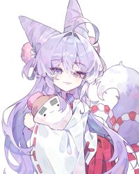  1girl :p ahoge artist_request blue_eyes closed_mouth collared_shirt commentary_request cone_hair_bun creature double_bun fox_girl hair_bun hair_intakes hair_ornament hair_rings hakama hakama_skirt heterochromia highres holding holding_creature inari_(tenko_shibuki) japanese_clothes kimono korean_commentary long_hair looking_at_viewer nontraditional_miko orange_eyes pom_pom_(clothes) pom_pom_hair_ornament purple_hair purple_tail red_skirt second-party_source shirt simple_background skirt solo stellive tenko_shibuki tongue tongue_out very_long_hair virtual_youtuber white_background white_kimono 