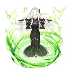  1girl black_capelet black_dress breasts brown_eyes bug butterfly butterfly_hair_ornament capelet colored_eyelashes dress echidna_(re:zero) floating_hair full_body game_asset glowing_butterfly grand_summoners hair_between_eyes hair_ornament long_dress long_hair long_sleeves looking_at_viewer magic magic_circle medium_breasts official_art open_mouth outstretched_arms re:zero_kara_hajimeru_isekai_seikatsu simple_background solo standing striped_clothes striped_dress vertical-striped_clothes vertical-striped_dress very_long_hair white_background white_hair 
