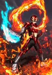  1boy absurdres armor armored_bodysuit black_bodysuit bodysuit character_mask character_request chou_uchuu_keiji_gavan_infinity combat_helmet commentary copyright_request english_commentary full_armor gavan_infinity gavan_infinity_apollon gavarion_blade glowing glowing_eyes helmet highres holding holding_sword holding_weapon male_focus mask multicolored_armor red_armor red_bodysuit red_helmet reiei_8 science_fiction silver_armor solo super_space_sheriff_gavan_infinity_the_movie:_the_day_the_sun_cried sword tokusatsu two-tone_armor weapon 