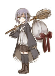  1girl amakaze_sora black_robe black_thighhighs blush boots bow broom brown_boots brown_skirt closed_mouth grey_eyes grey_hair holding holding_broom hood hood_down hooded_robe long_sleeves original over_shoulder red_bow robe shirt simple_background sketch skirt sleeves_past_wrists solo thigh-highs thighhighs_under_boots white_background white_shirt wide_sleeves 